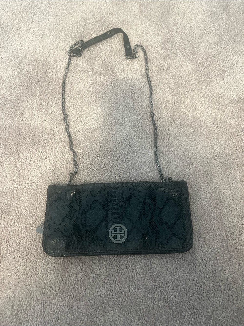 Tory Burch Black Snake-Embossed Chain Crossbody
